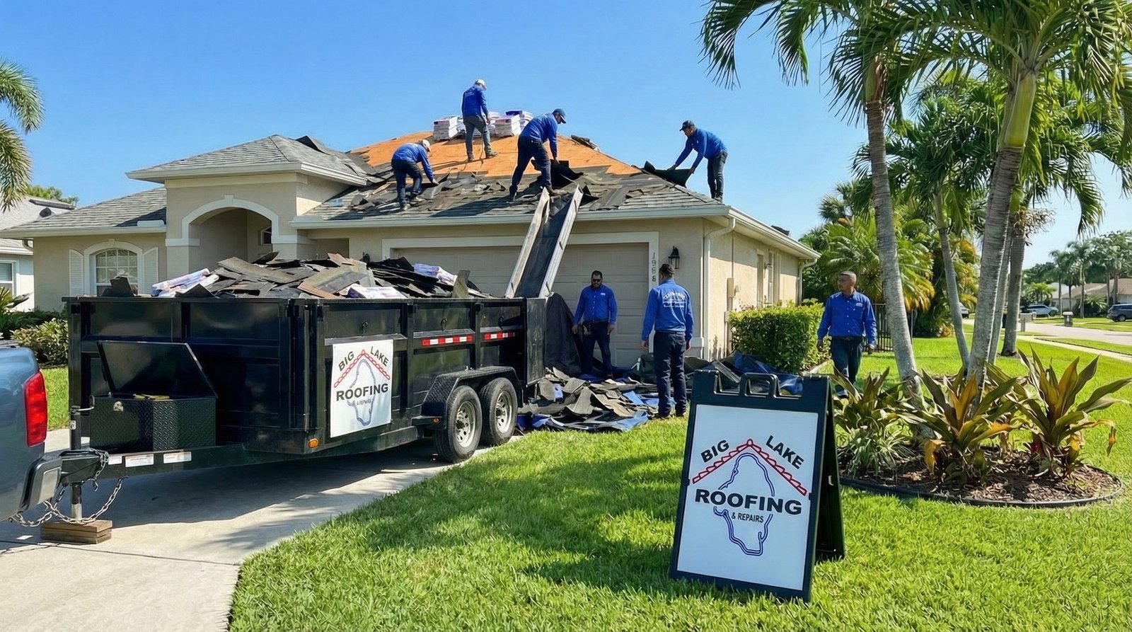 Roofing crew tear-off in progress